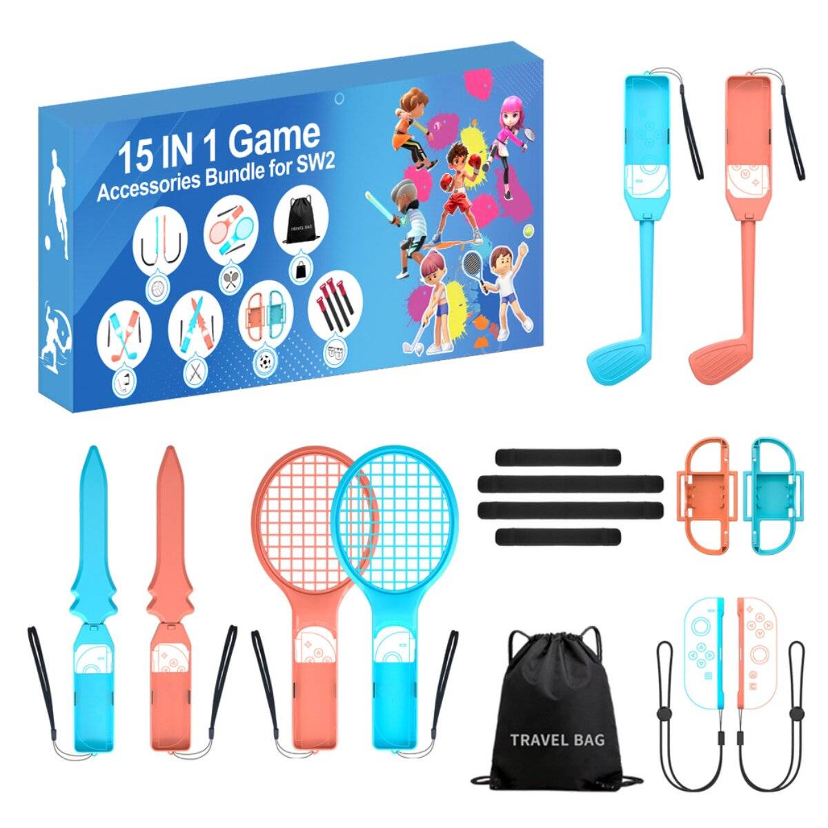 15 IN 1 Spiel-Zubehör-Bundle für SW2' Box mit verschiedenen Gaming-Zubehörteilen: Schläger, Schwerter, Beinriemen, Griffe und eine Reisetasche.