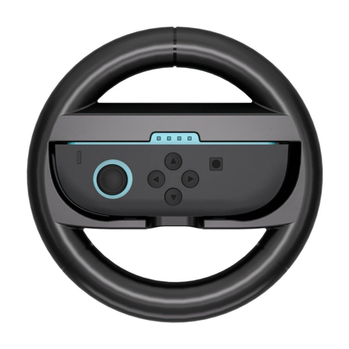 Ein Gaming-Lenkrad mit eingefügtem Controller, das Tasten und ein Schlitzdesign für die Spielinteraktion zeigt.