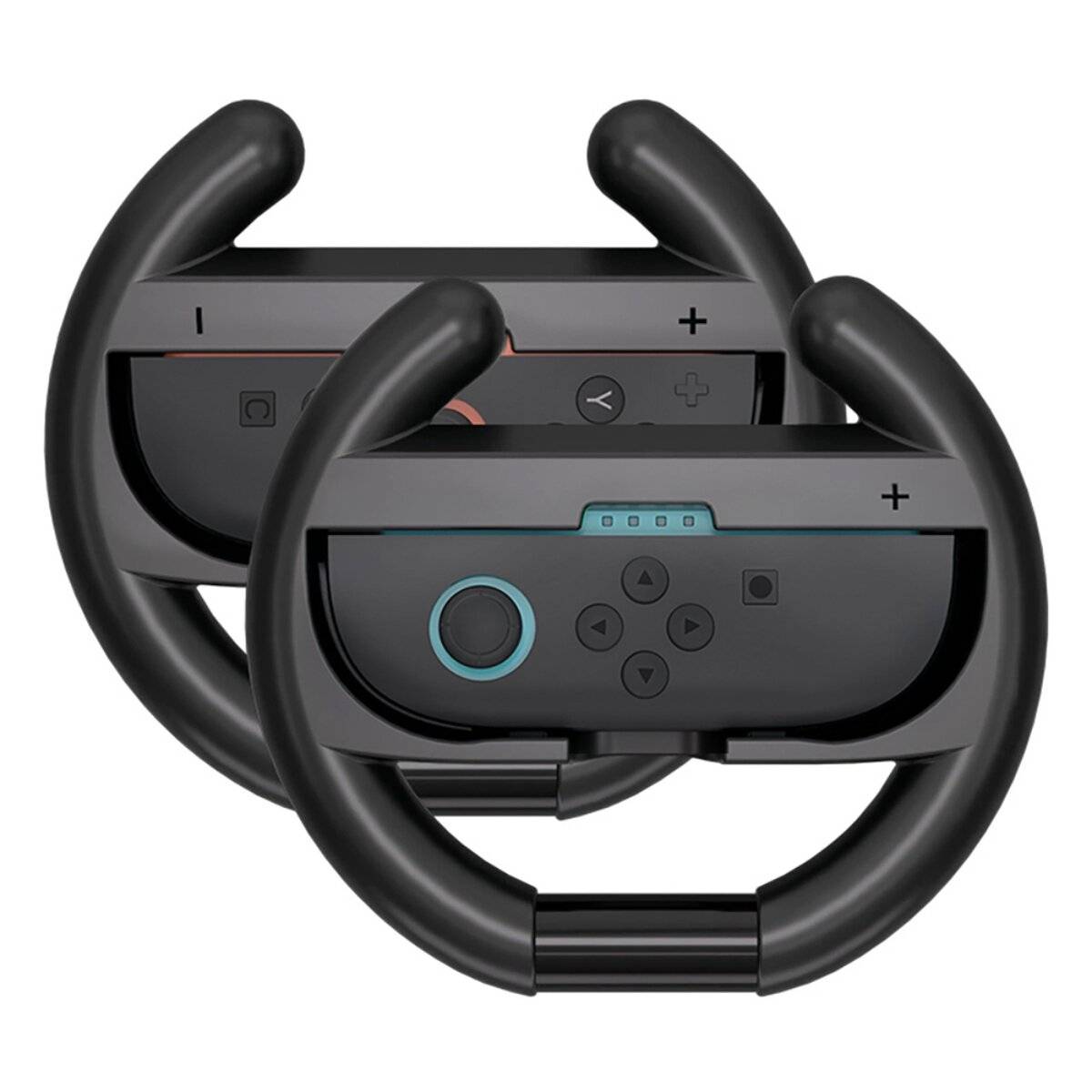 Zwei schwarze Gaming-Wheel-Controller für eine Konsole, jeweils mit Plus- und Minus-Tasten sowie Richtungstasten.