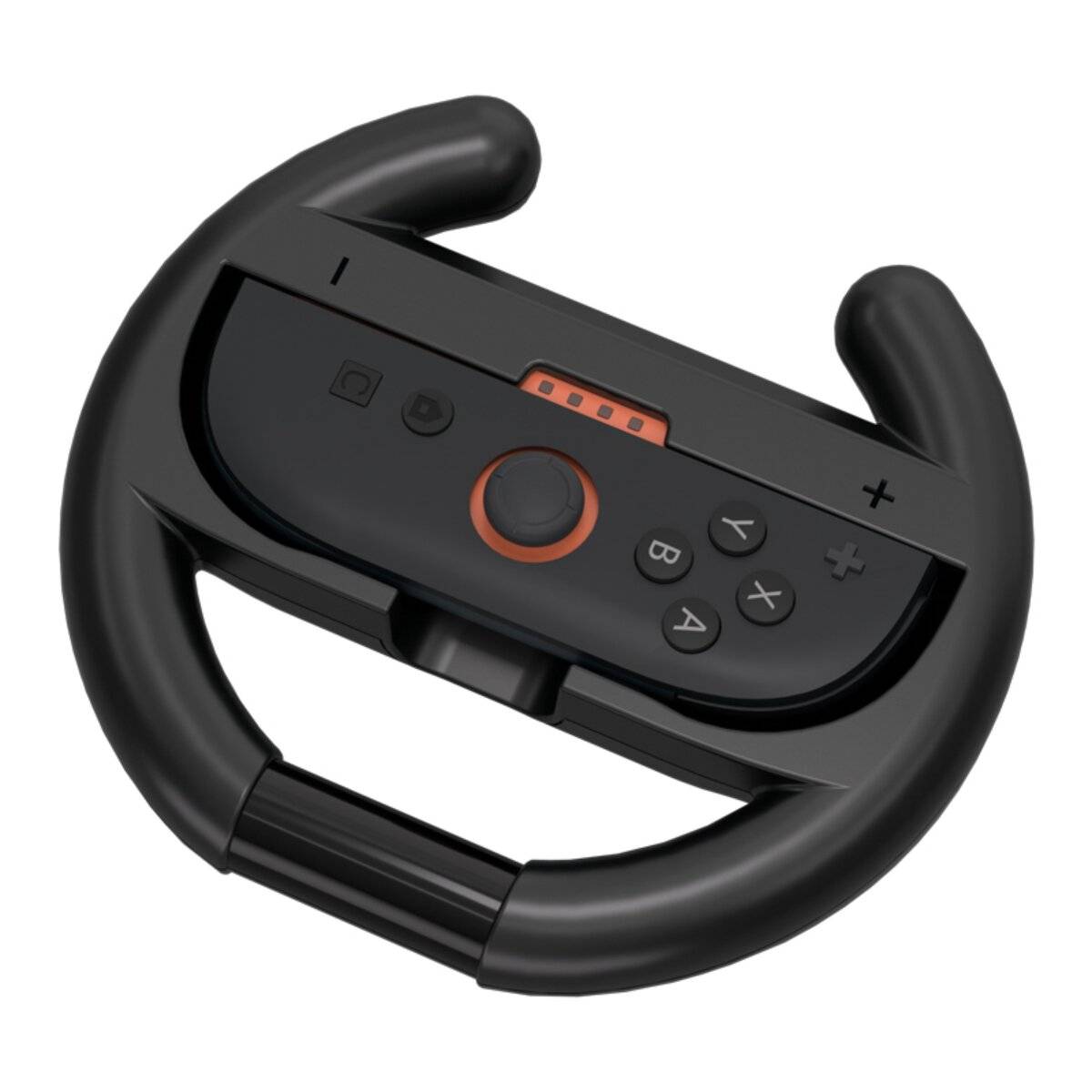 Ein schwarzes Gaming-Lenkrad mit zentraler Controller-Befestigung, das Tasten mit den Beschriftungen +, -, X, A, B, Y und einen Joystick aufweist.