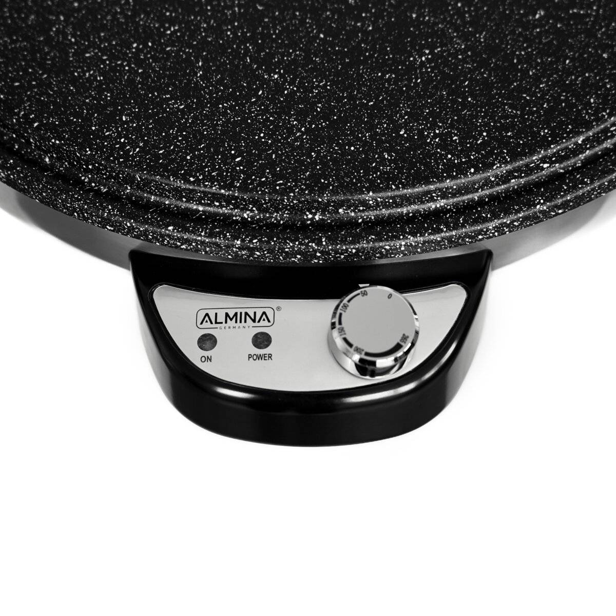 Elektrische Crêpes-Maschine mit einer Oberfläche in Granit-Optik, ausgestattet mit einem Drehregler und Anzeigen mit den Beschriftungen 