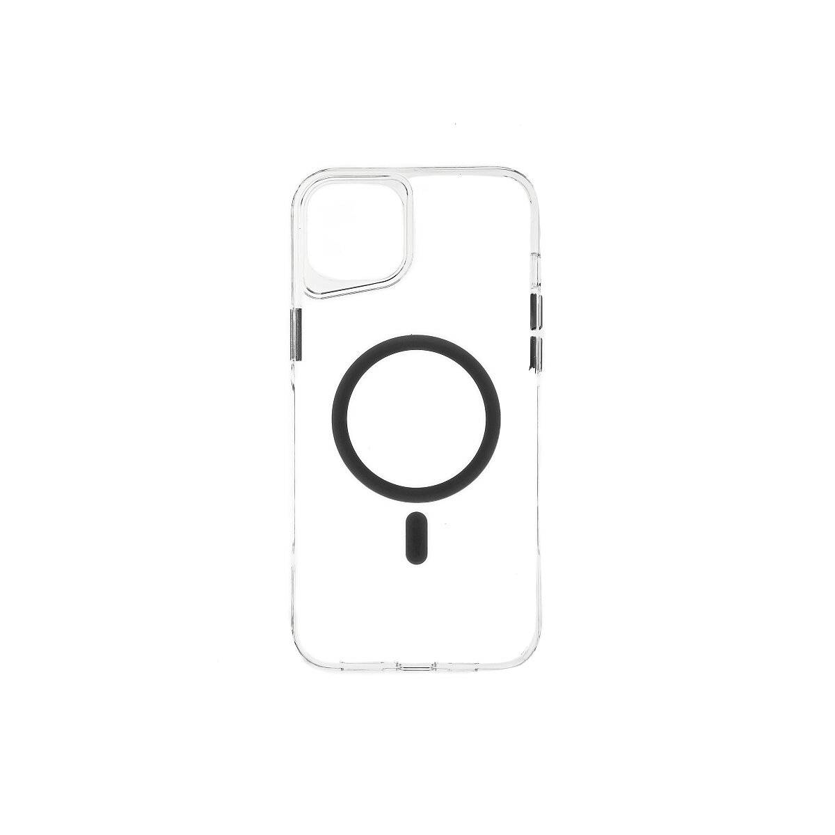 Eine klare Handyhülle mit einem kreisförmigen schwarzen MagSafe-Ring, kompatibel mit iPhone-Modellen, präsentiert vor einem weißen Hintergrund.