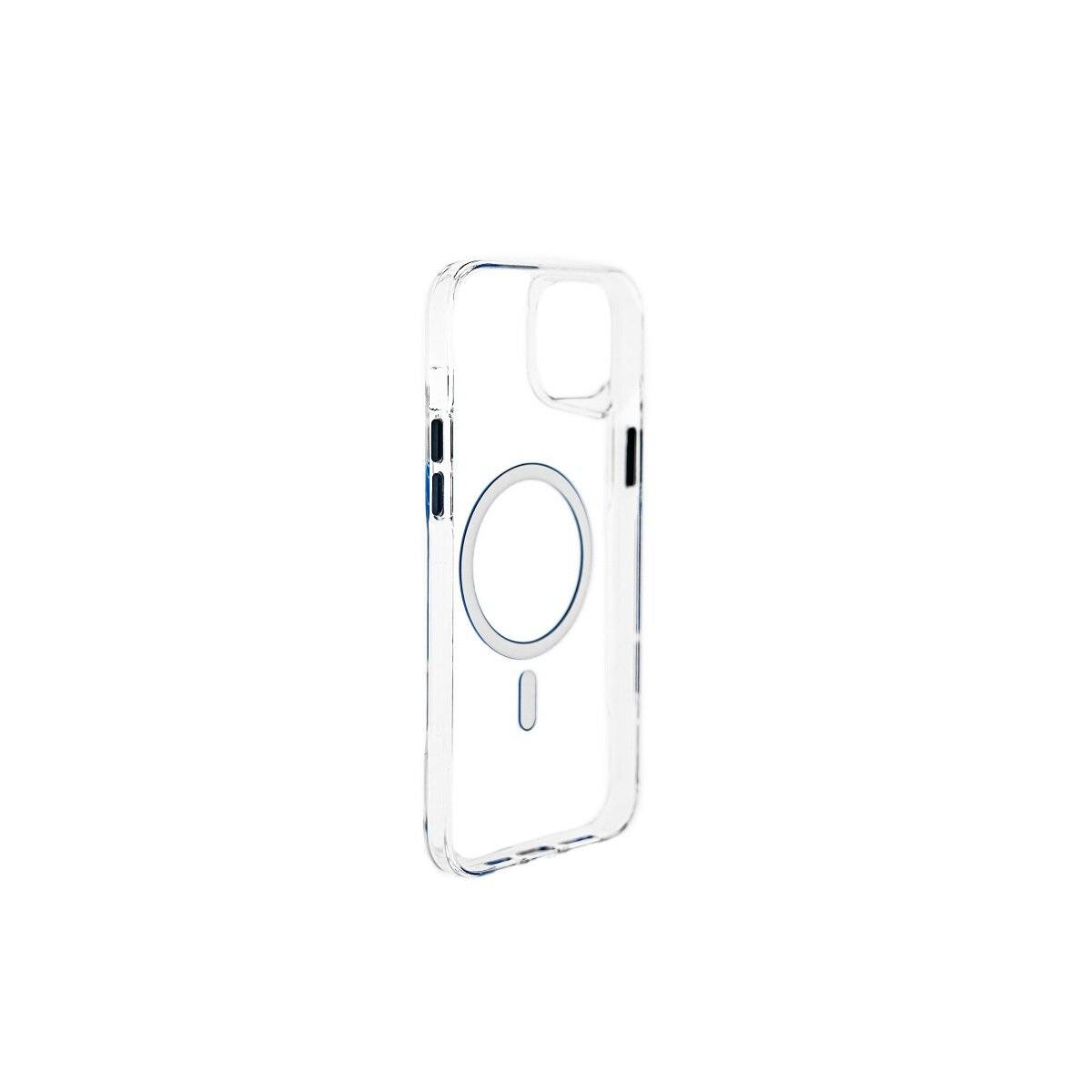 Transparente Handyhülle mit zirkulärem MagSafe-kompatiblem Design, das minimalistischen Stil und Funktionalität zur Schau stellt.
