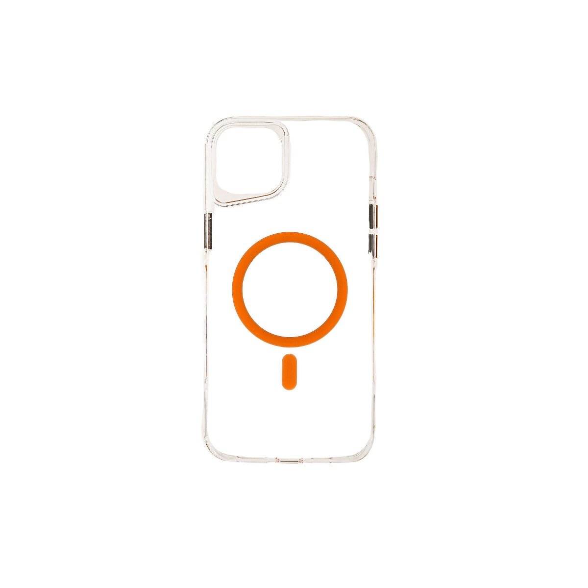 Ein transparantes Handyetui mit einem orangefarbenen Kreis- und Liniendesign in der Mitte vor einem einfachen weißen Hintergrund.