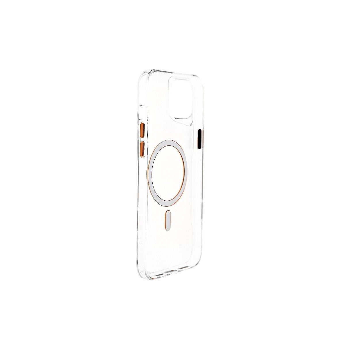 Transparente Smartphone-Hülle mit MagSafe-Kompatibilität, mit elegantem Design und kreisförmigem Magnet auf der Rückseite für sichere Befestigung.
