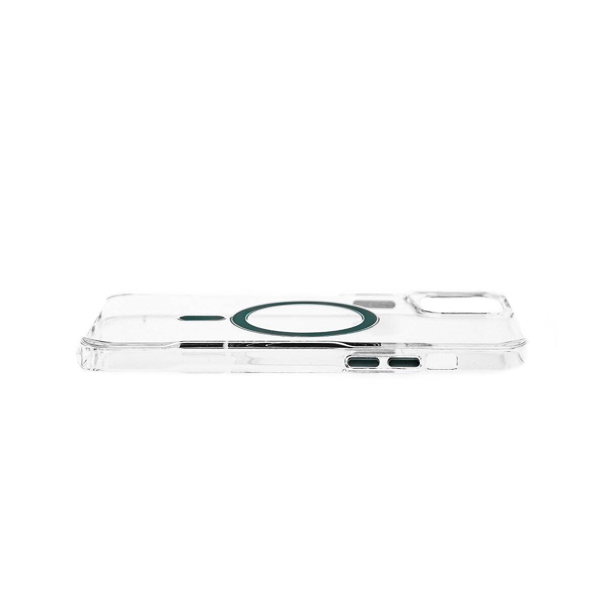 Durchsichtige Handyhülle mit MagSafe-Ring und Kameraausschnitten, mit transparentem Design und seitlichen Tasten- und Anschlussöffnungen.