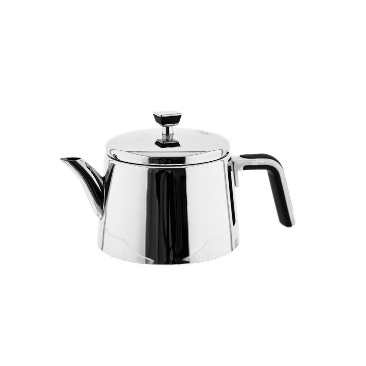 Eine glänzende Edelstahl-Teekanne mit schwarzem Griff und Knopf, mit modernem Design und einer Ausgießer zum Eingießen.