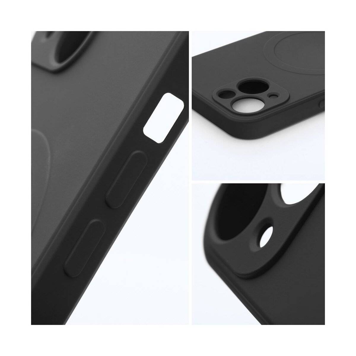 Nahaufnahme einer schwarzen Handyhülle mit Ausschnitten für Kameraobjektive und Tasten, die ihr Design und ihre Funktionalität hervorhebt.
