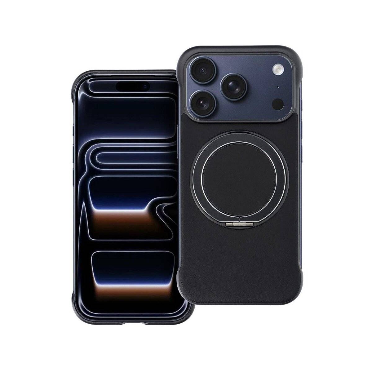 Ein schwarzes Smartphone mit reflektierendem Bildschirm und schwarzer Hülle mit kreisförmigem Design.