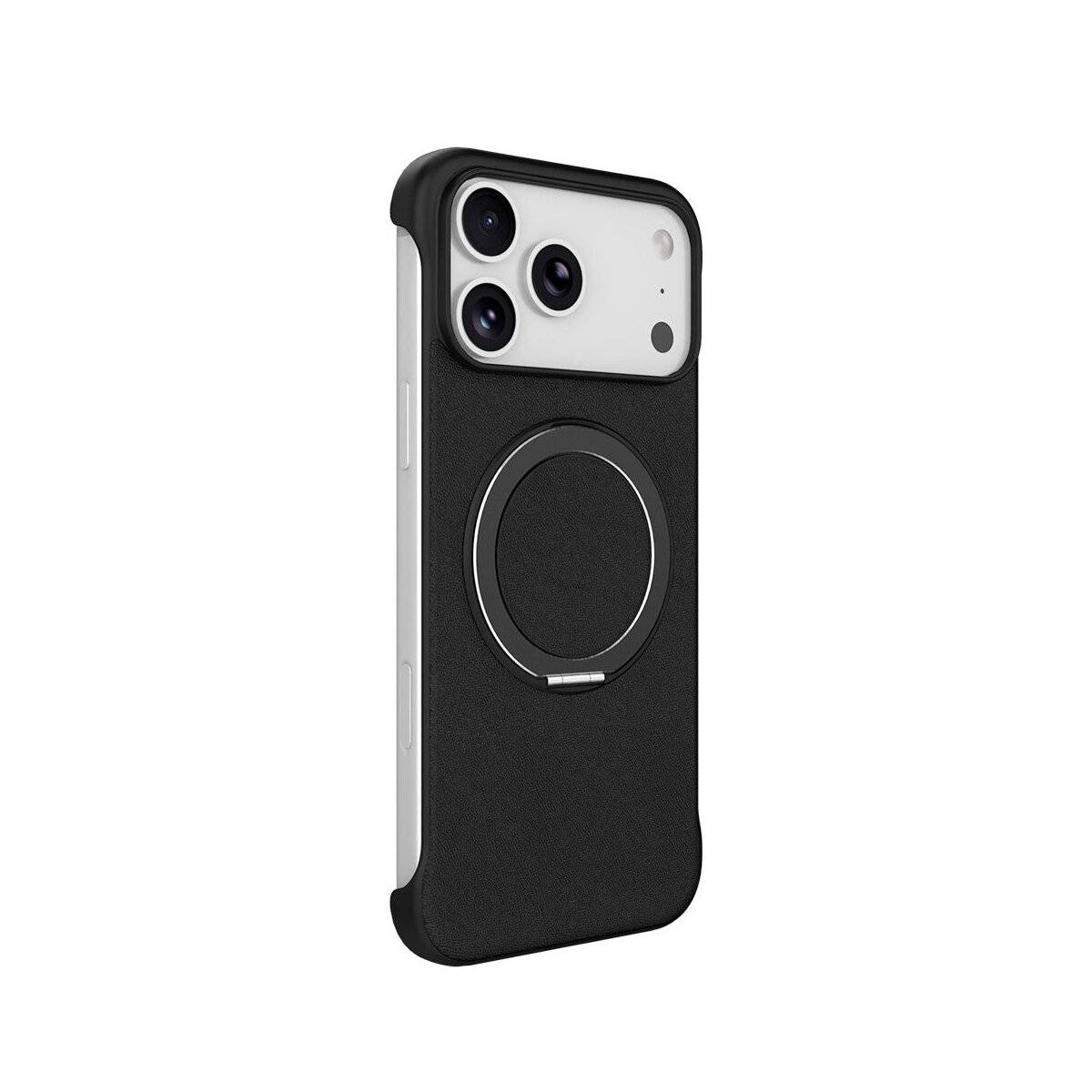 Ein beigefarbenes Handygehäuse mit einem kreisförmigen magnetischen Ladeanschluss in der Mitte, konzipiert, um ein Smartphone zu passen und zu schützen.