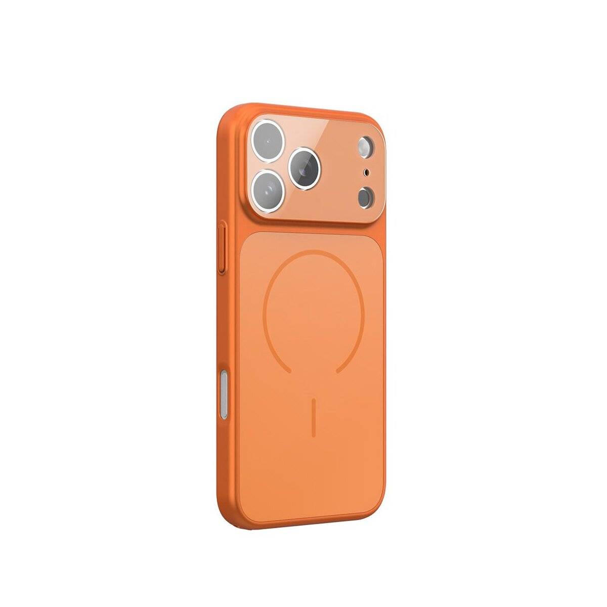 Ein orangefarbenes Smartphone-Case mit mehreren Kameraausschnitten und einem kreisförmigen Muster auf der Rückseite, aus einer Winkelansicht betrachtet.