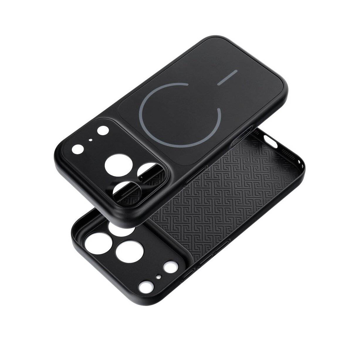 Eine schwarze Handyhülle mit MagSafe-Kompatibilität, mit schützenden Aussparungen für Kamera und Tasten sowie einem geometrischen Innenmuster für besseren Halt.