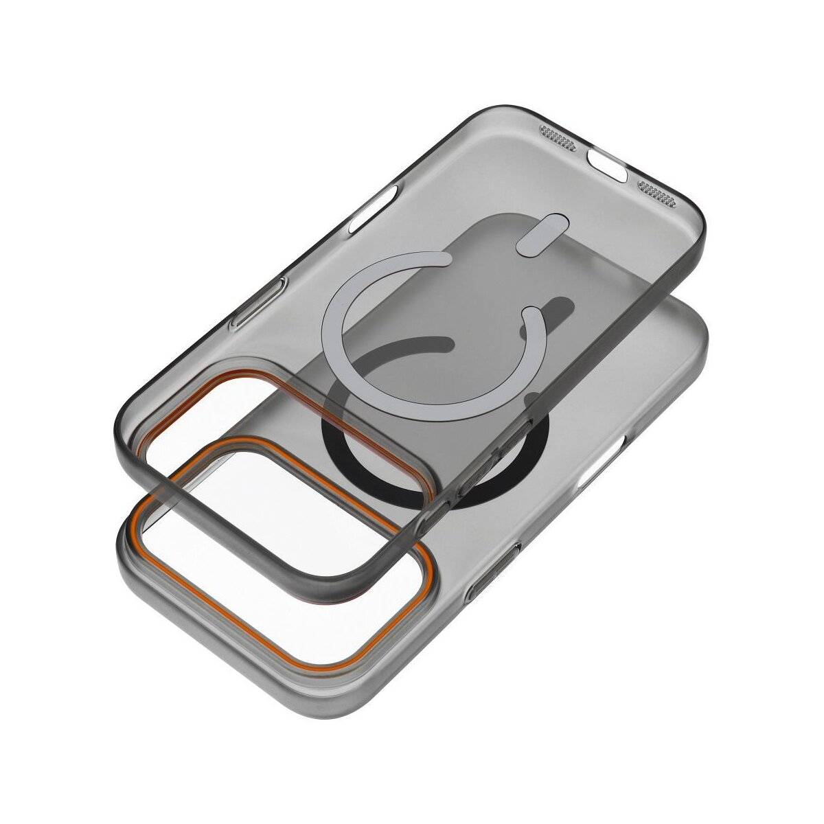 Eine halbdurchsichtige Handyhülle mit sichtbarem kreisförmigem Design und orangefarbenen Innenkanten, entwickelt für MagSafe-Kompatibilität.