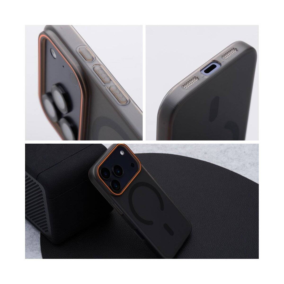 Drei Bilder zeigen eine Smartphone-Hülle. Oben links: Nahaufnahme von Tasten. Oben rechts: Ladeanschluss. Unten: Telefon auf einem Tisch neben einem Lautsprecher.