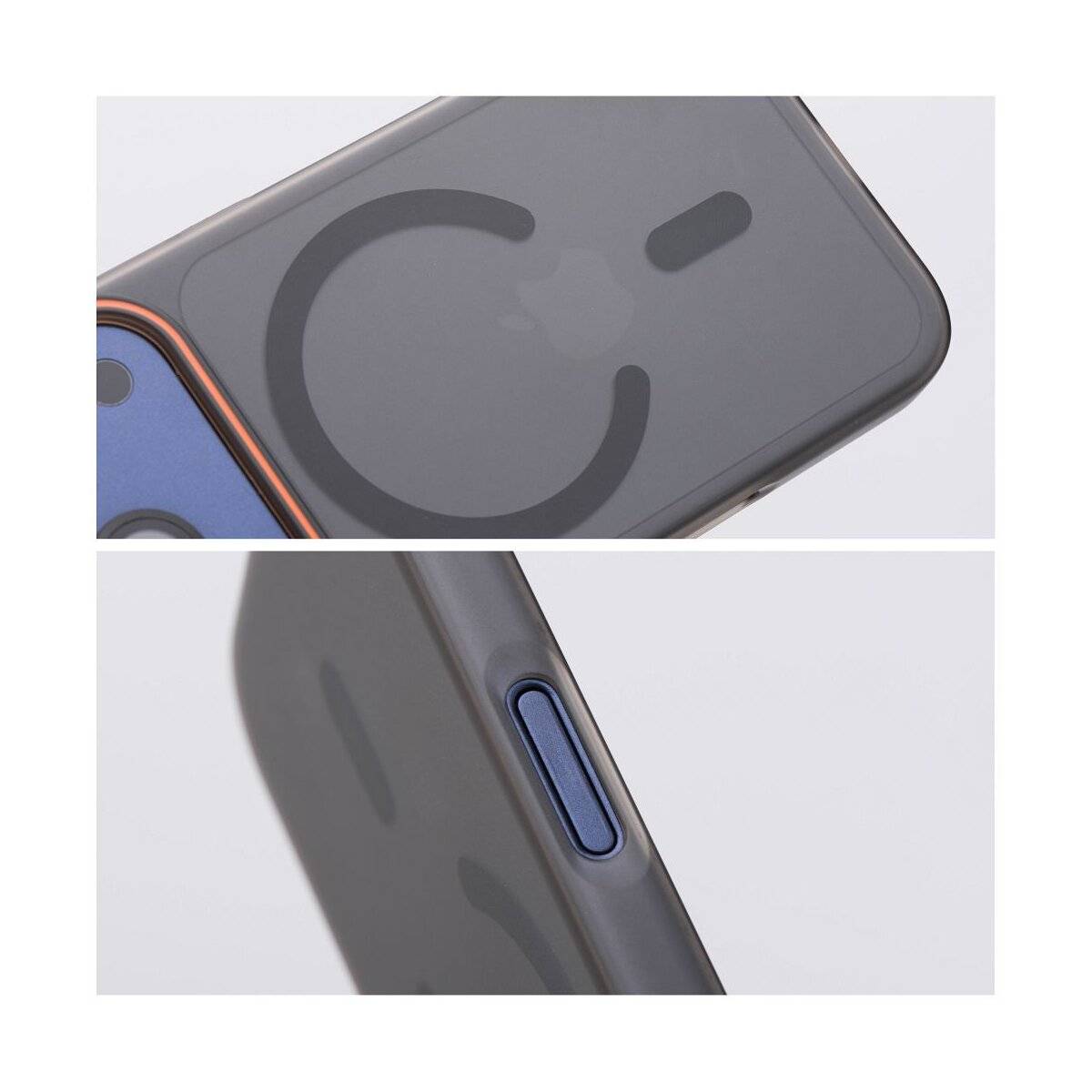 „Eine Nahaufnahme einer Smartphone-Schutzhülle, die einen MagSafe-Kreisabdruck und die Seitentaste im Detail zeigt.