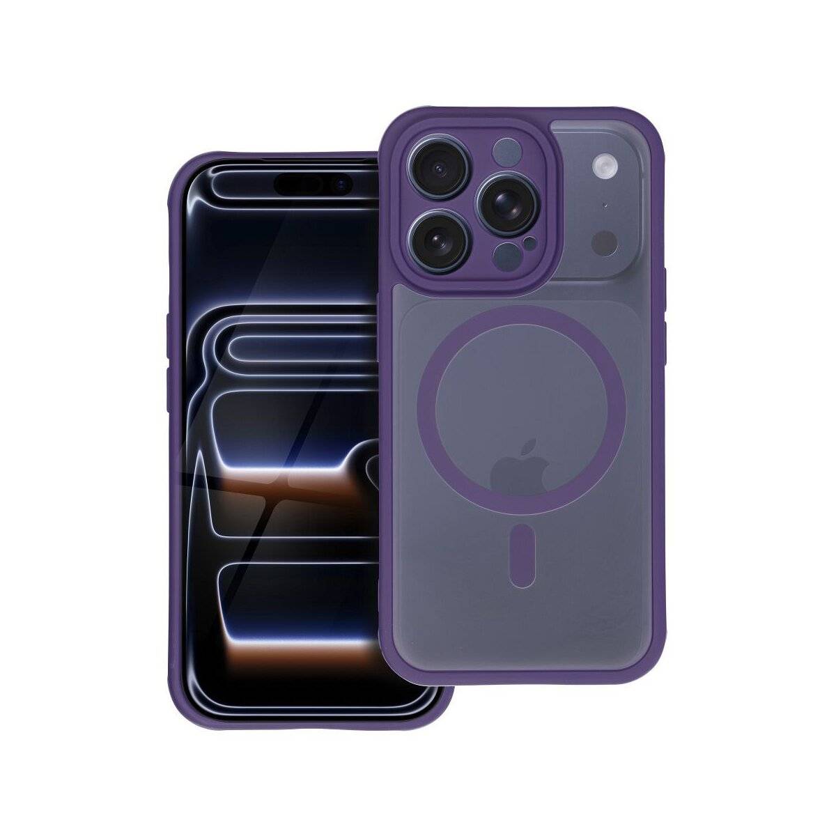 Ein Smartphone mit leuchtendem Bildschirm neben einer durchscheinenden violetten Handyhülle, die das Apple-Logo und den MagSafe-Ring auf der Rückseite zeigt.