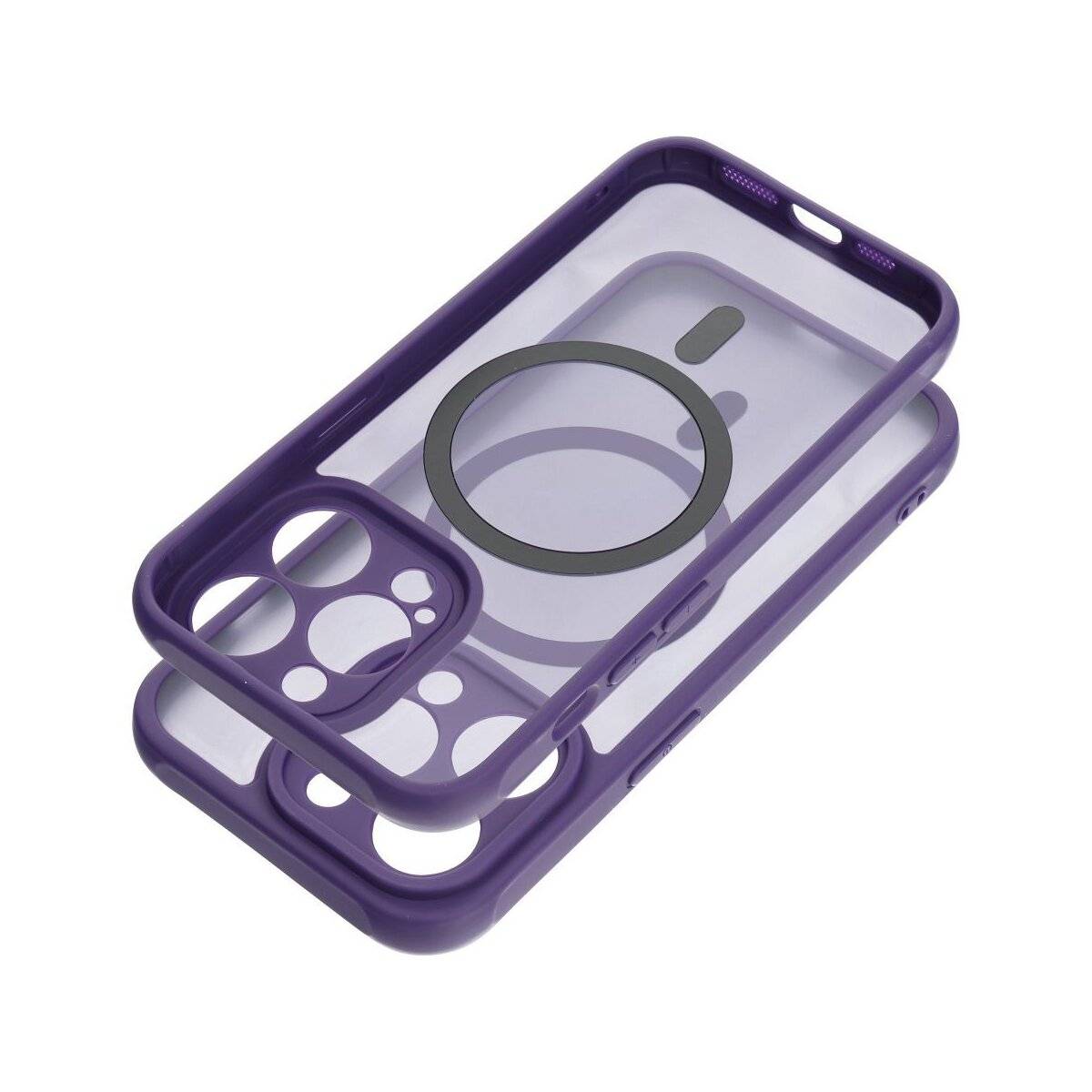 Ein violettes Smartphone-Schutzhülle mit Aussparungen für Kamera, Tasten und Anschlüsse, mit MagSafe-Ring-Design und Objektivschutz.