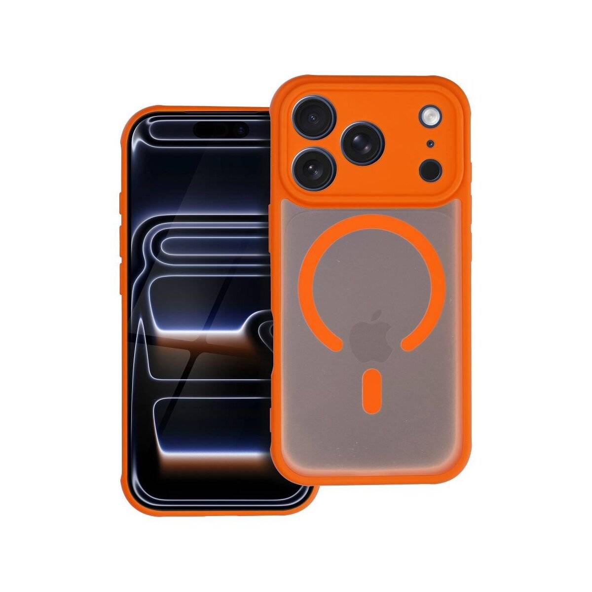Rück- und Vorderansicht eines Smartphones mit orangefarbener Schutzhülle, das drei Kamerakameras aufweist. Der Vorderbildschirm zeigt ein schwaches leuchtendes Muster.
