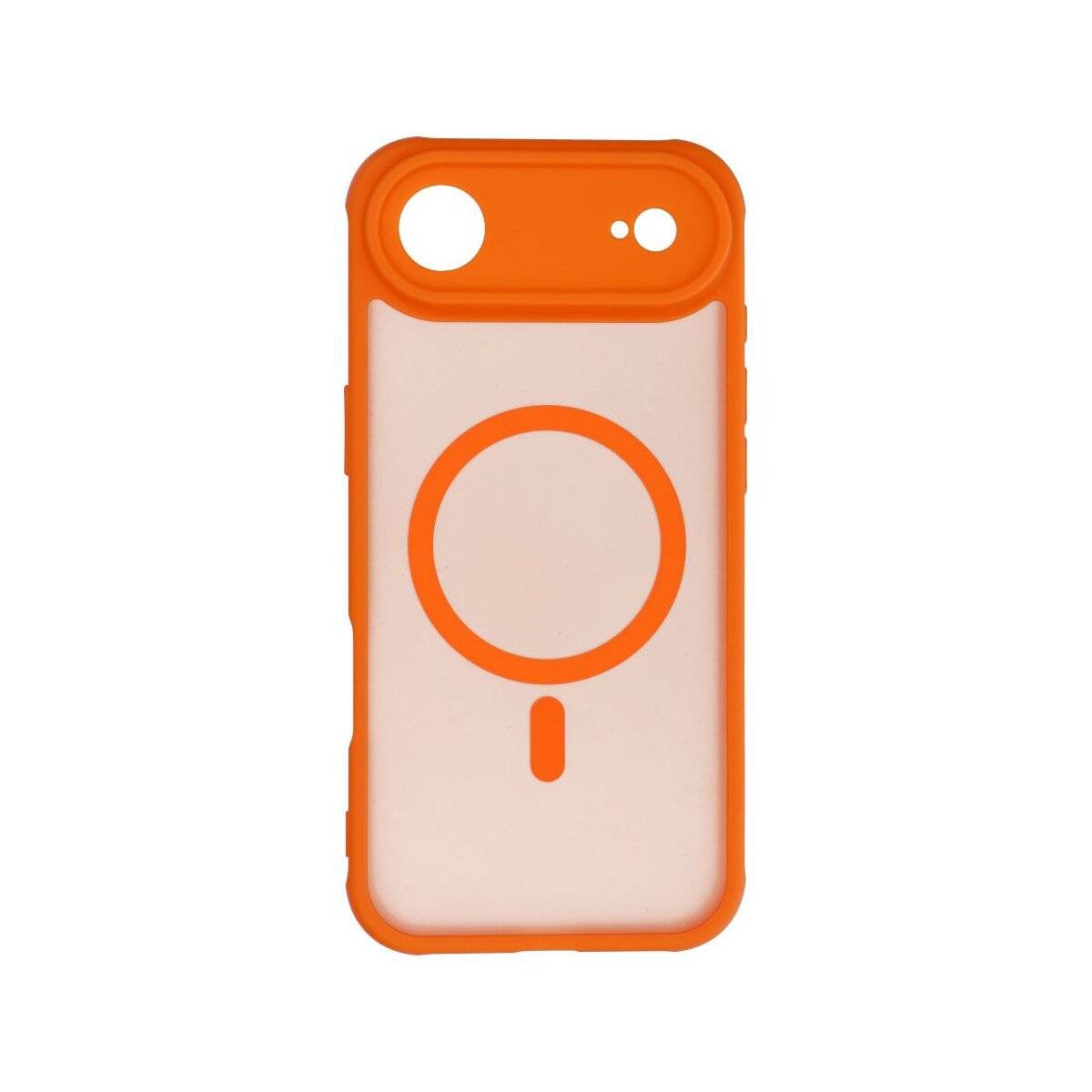 Eine orangefarbene Handyhülle mit transparenter Rückseite, die ein kreisförmiges magnetisches Symbold-Design zeigt und mit drahtloser Ladefähigkeit kompatibel ist.