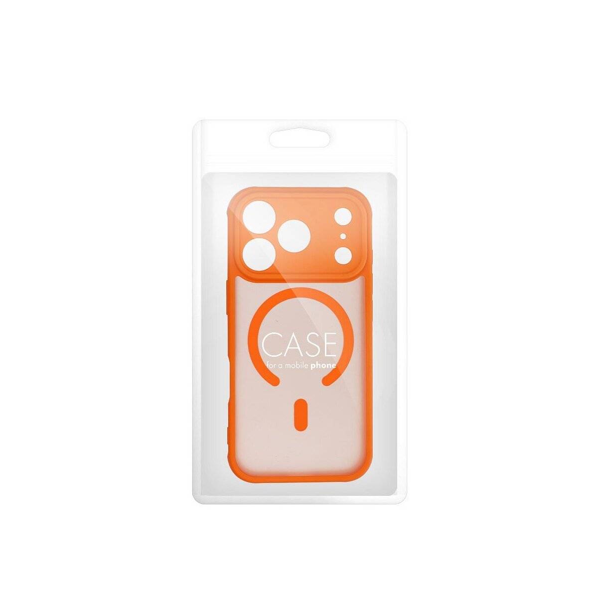 Ein orangefarbenes Handyhüllen-Set in Verpackung, entworfen für ein Telefon mit mehreren hinteren Kameraobjektiven.