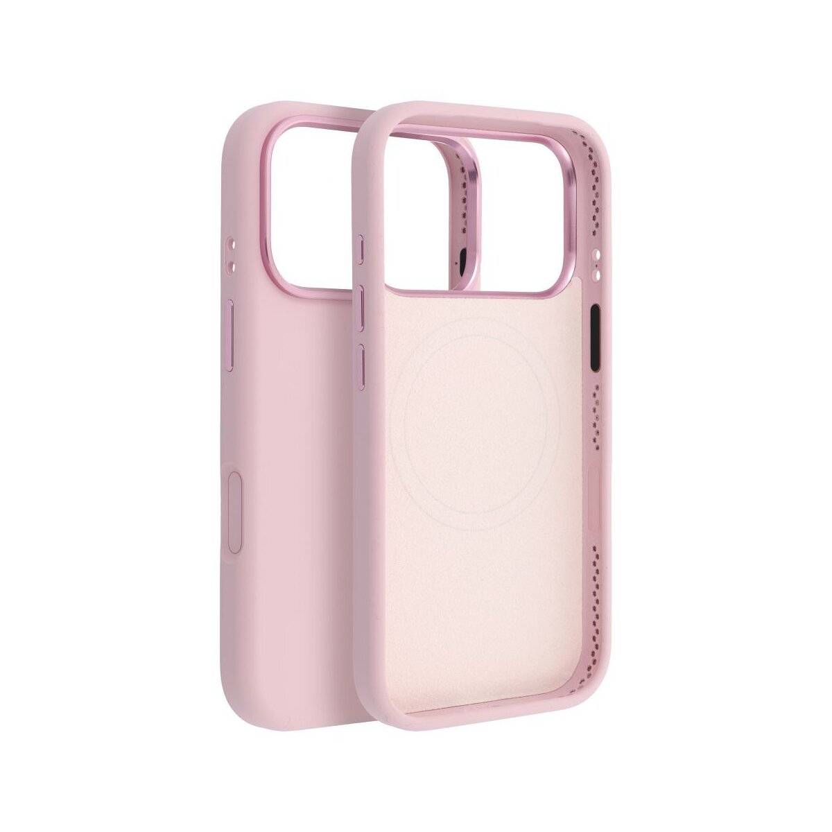 Ein rosa Handyhülle mit MagSafe-Kompatibilität, mit präzisen Ausschnitten für Tasten und Anschlüsse, gezeigt aus zwei verschiedenen Winkeln.