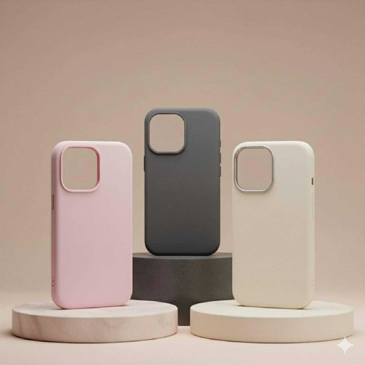 Drei Smartphone-Hüllen werden auf runden Sockeln präsentiert. Die Hüllen sind in zartem Rosa, Grau und Creme erhältlich und vor einem neutralen Hintergrund angeordnet.