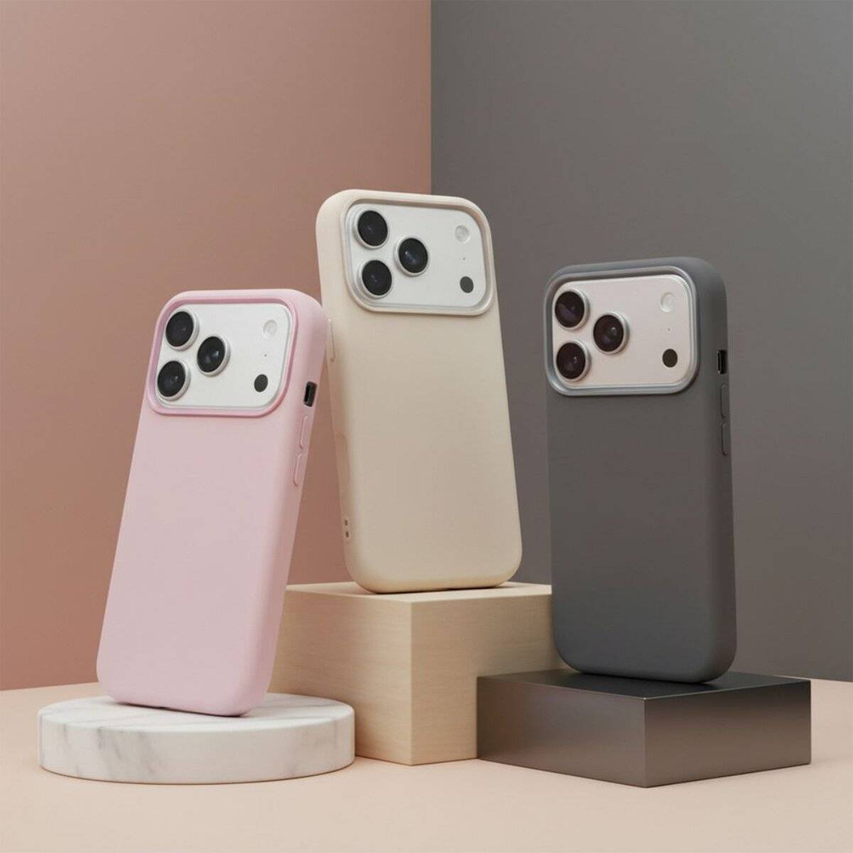 Drei Smartphones in Rosa, Beige und Grau stehen auf geometrischen Sockeln vor einem gedämpften, zweifarbigen Hintergrund.