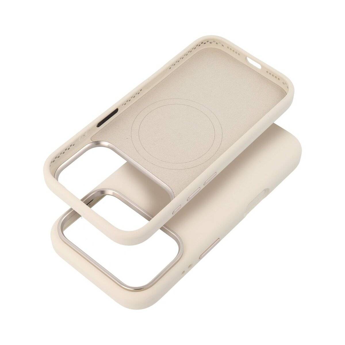 Ein beigefarbenes Handyhülle mit offenem Kreisdesign innen, von zwei Blickwinkeln gezeigt.