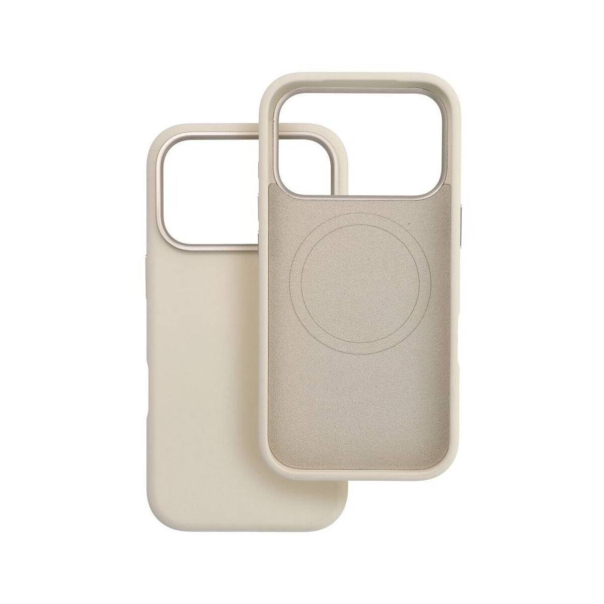 Zwei beige Smartphone-Hüllen, eine leicht transparent mit kreisförmigem Design, vertikal vor weißem Hintergrund positioniert.