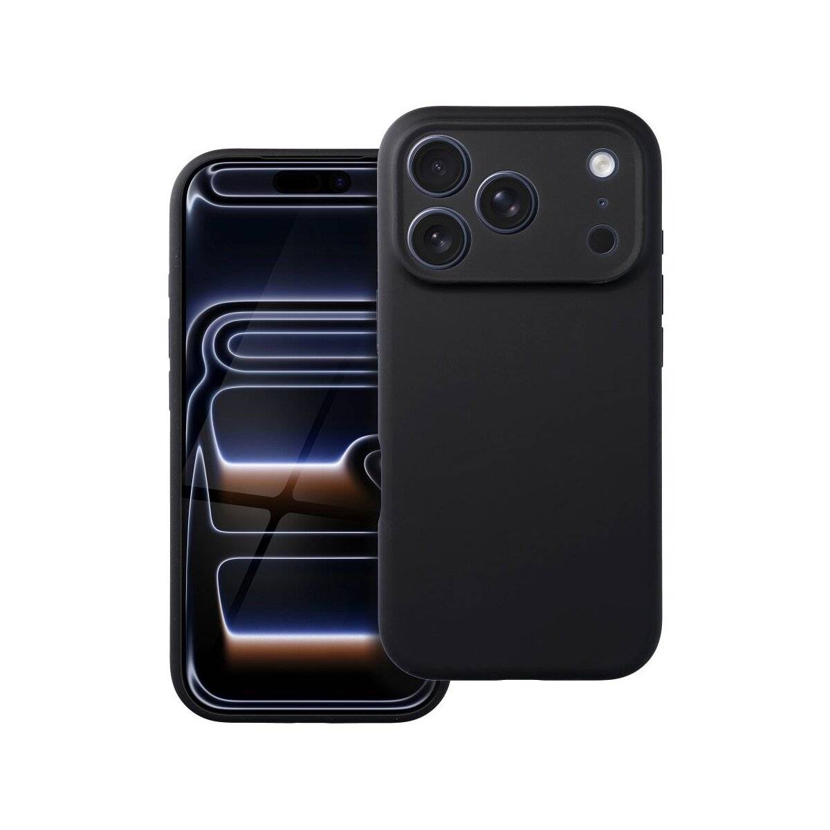 Zwei Smartphones: eines zeigt ein leuchtendes abstraktes Design auf dem Bildschirm und das andere zeigt die Rückseite mit drei Kameraobjektiven.