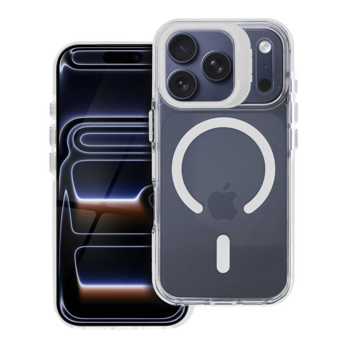 Ein Smartphone mit einem leuchtenden Sperrbildschirm-Design, gepaart mit einer transparenten Schutzhülle, die ein Apple-Logo und ein kreisförmiges Muster aufweist.