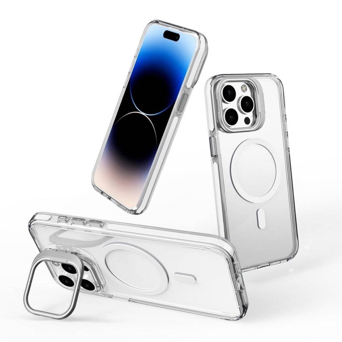 „Transparente Handyhülle in vier detaillierten Ansichten dargestellt, mit Seitentastenschutzkappen, Ladeanschluss und kreisförmigem MagSafe-kompatiblem Design.