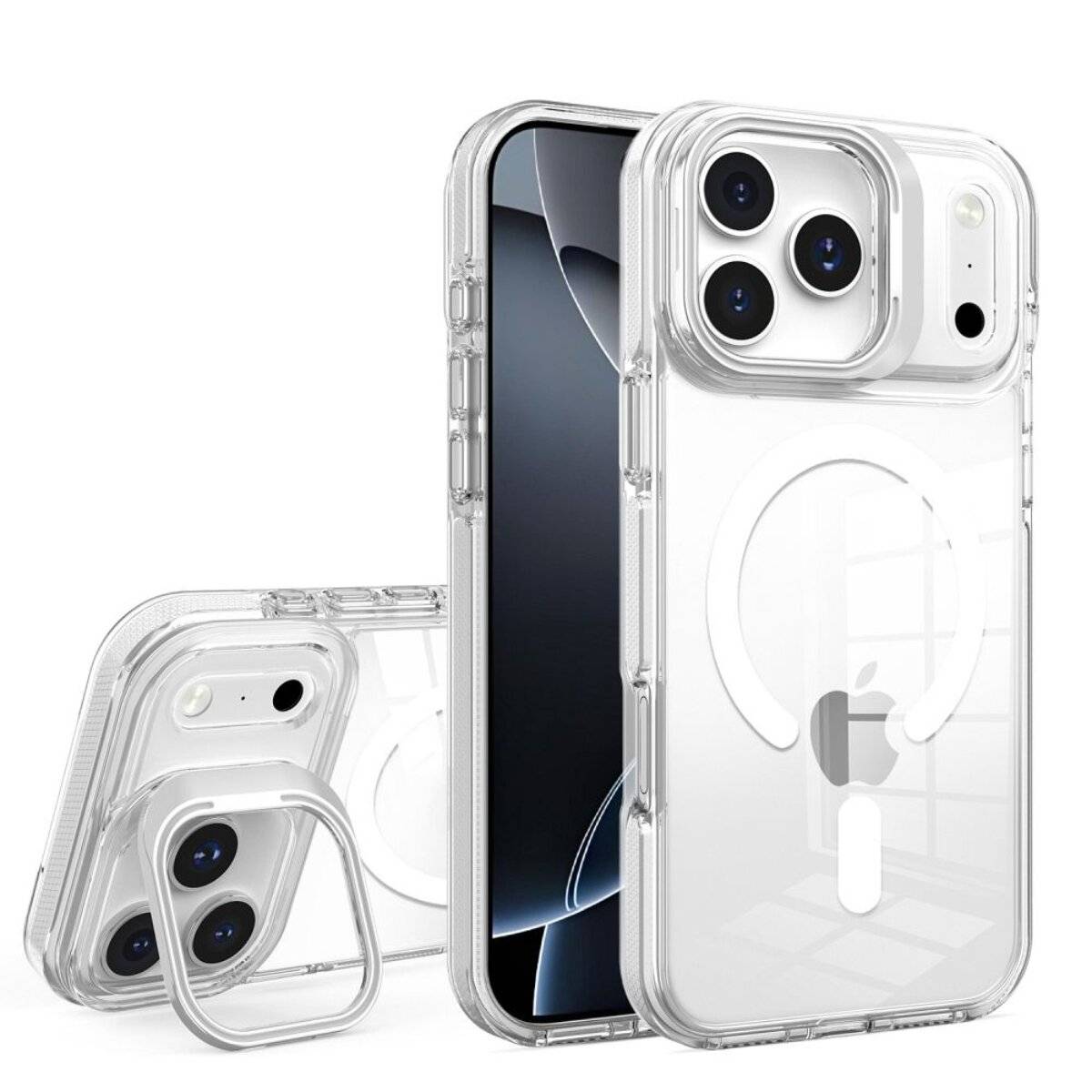 Durchsichtiges Smartphone-Case mit kreisförmigem Magnetdesign, das drei Kameras zur Schau stellt. Der Telefonbildschirm zeigt eine dunkle, minimalistische Benutzeroberfläche.