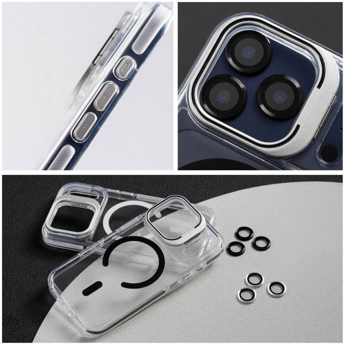 Transparente Handyhülle mit Kameraschutz, schwarzen Akzenten und Metallringen auf einer Lederfläche, die Design und Funktionalität hervorhebt.