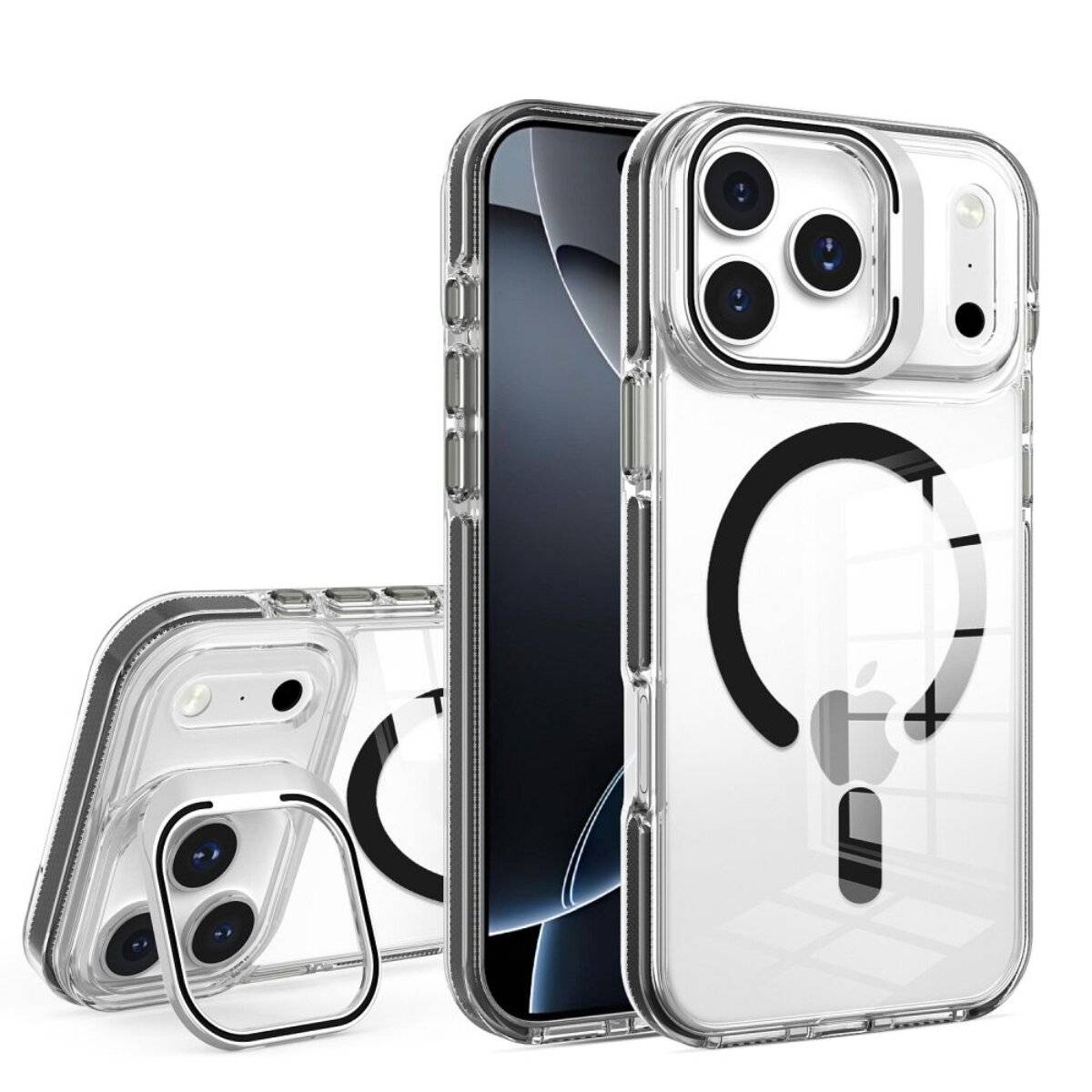 Durchsichtiges Handyhülle mit MagSafe-Kompatibilität, mit zwei Kameraaussparungen und drahtlosem Ladesymbol, kompatibel mit iPhone-Modellen.