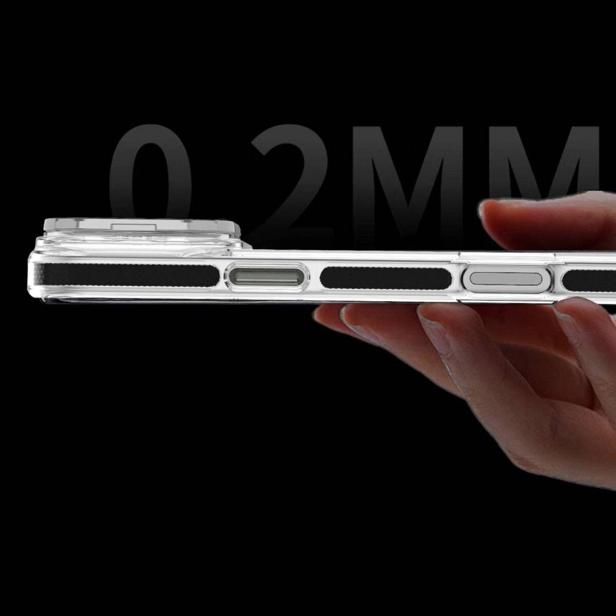 0,2MM' Text über einer Nahaufnahme einer Seitenansicht einer Hand, die ein Smartphone hält und sein schlankes Profil hervorhebt.