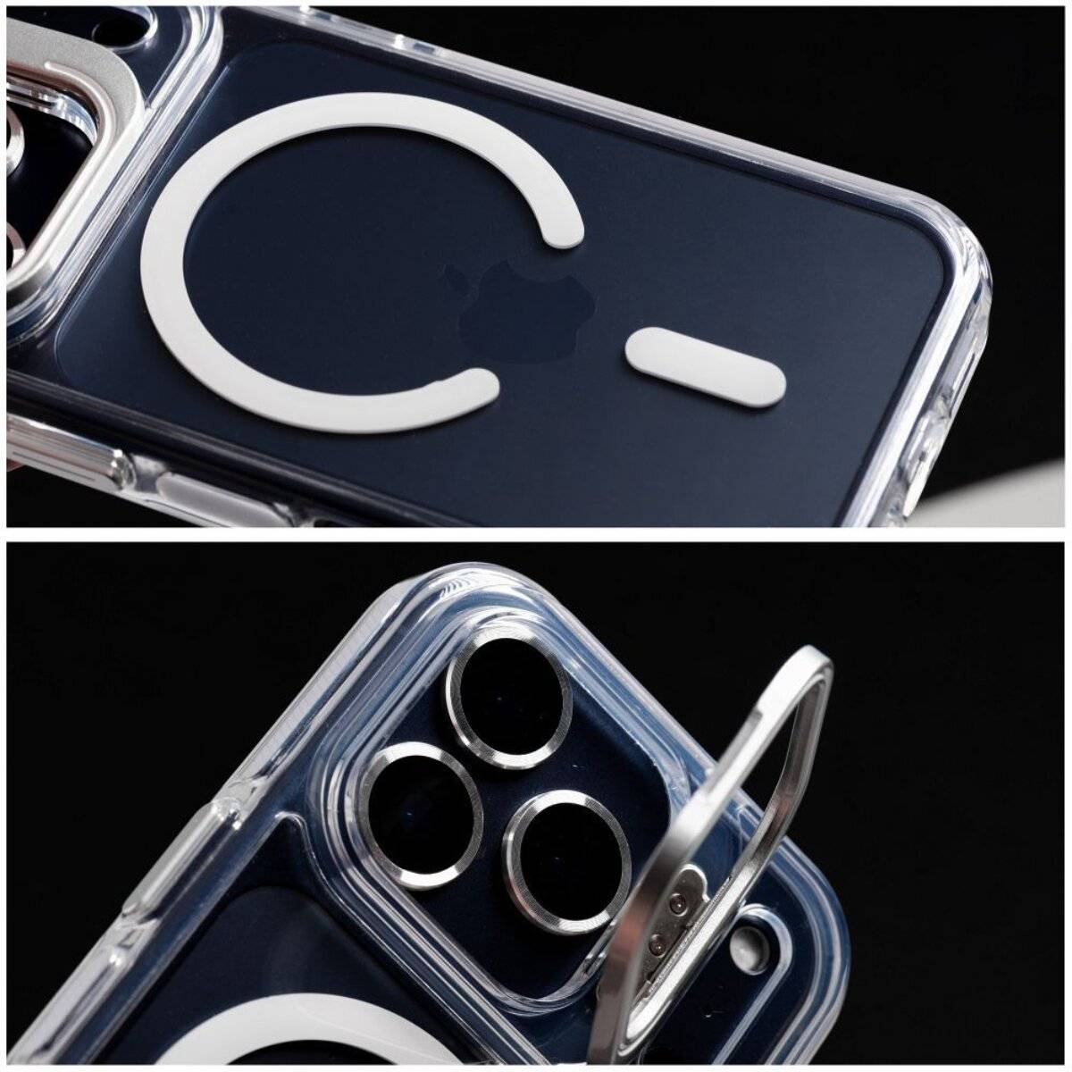 Transparente Handyhülle mit kreisförmigem Magnetdesign auf der Rückseite, dargestellt in Draufsicht und Schrägansicht. Drei Kameralinen auf dem Telefon sichtbar.