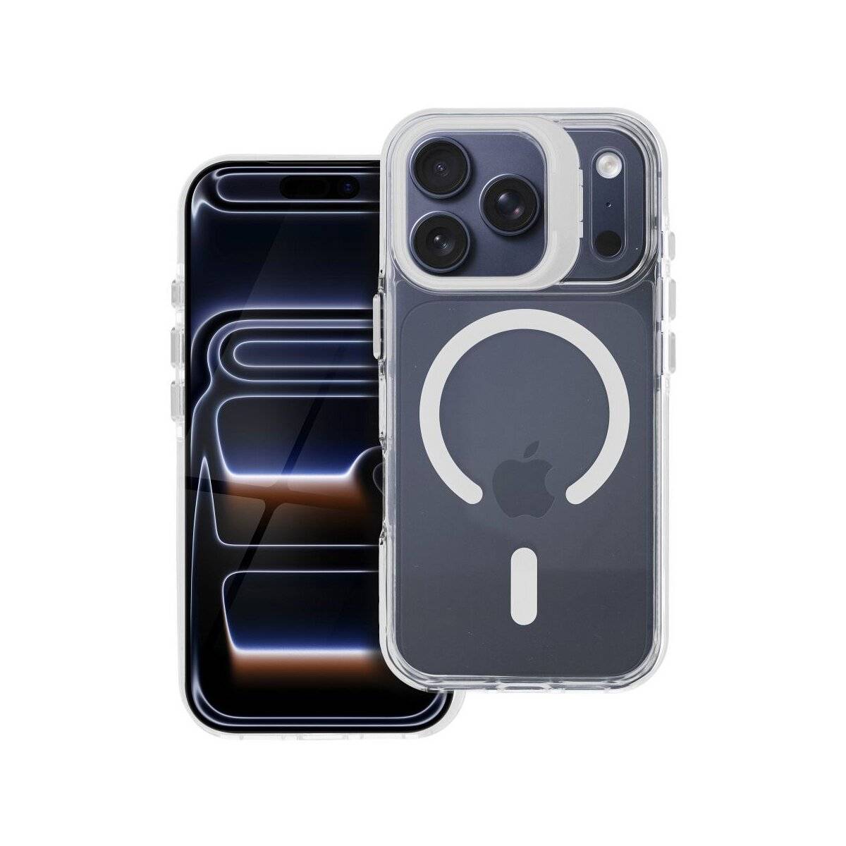 Ein durchsichtiges Gehäuse mit MagSafe wird auf einem iPhone gezeigt, das das Apple-Logo und drei Kameraobjektive auf der Rückseite anzeigt.