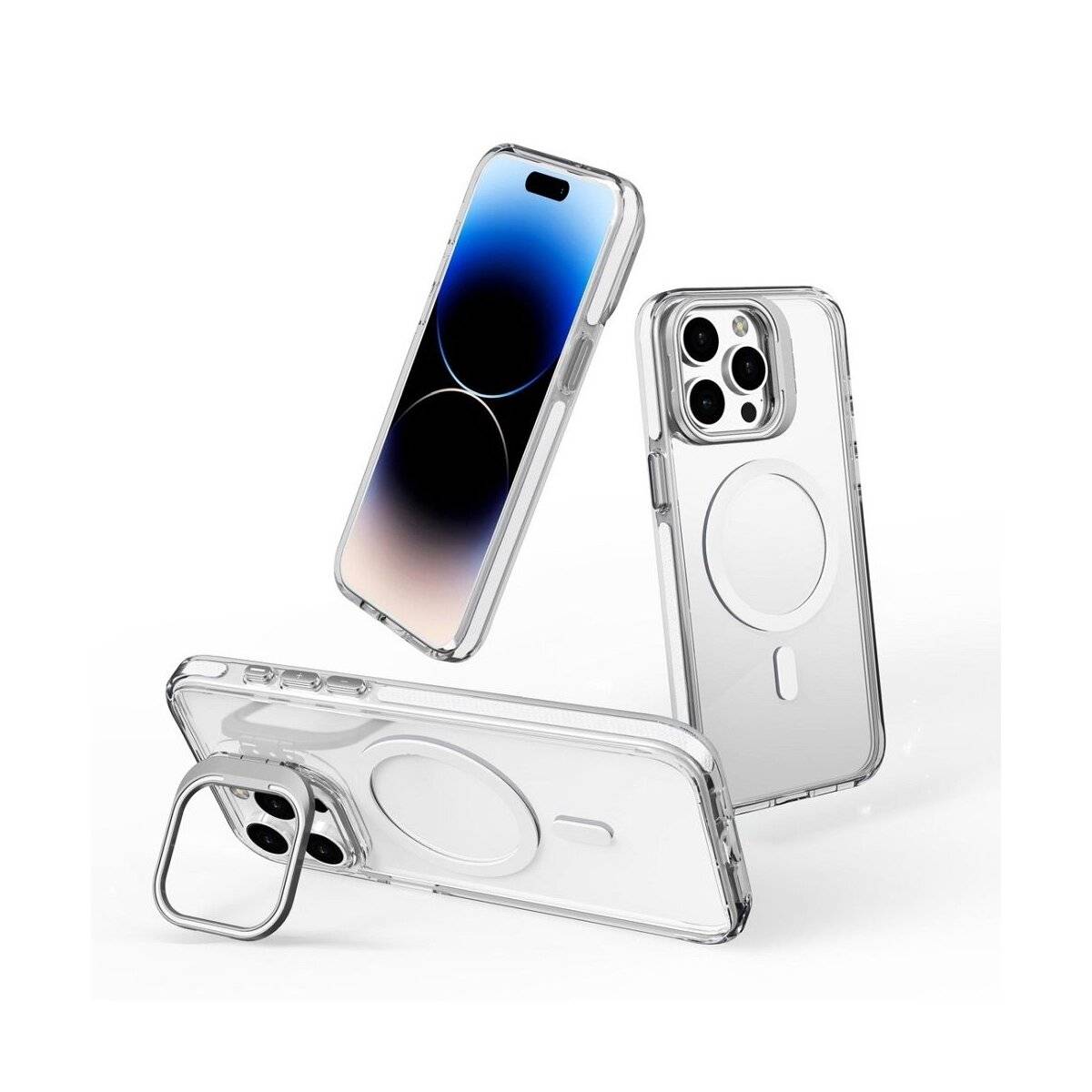 Drei transparente Handyhüllen mit metallischen Ringen auf einem Smartphone; eine Hülle ist in Gebrauch, eine andere ist angehoben und zeigt die Designmerkmale.