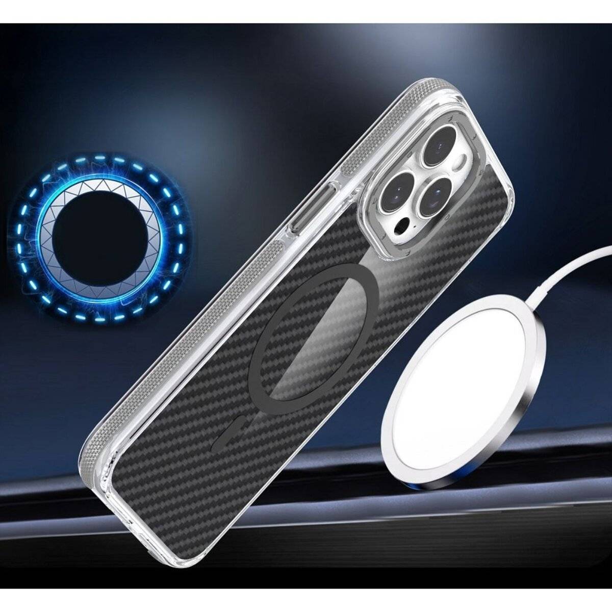 Ein Smartphone mit einer transparenten Hülle, die auf der Rückseite ein kreisförmiges Design aufweist, positioniert neben einem kabellosen Ladepad, das ein blaues Licht ausstrahlt.