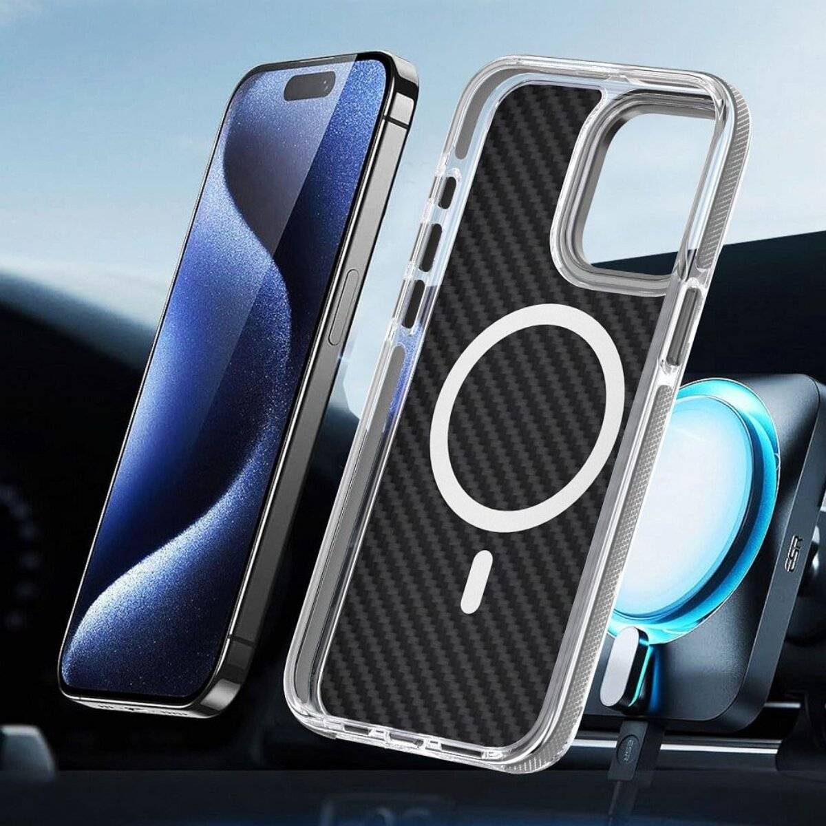 Transparente Handyhülle mit kreisförmigem Magnetmuster, gezeigt neben einem Smartphone und einem kabellosen Ladegerät in einer Autoeinstellung.