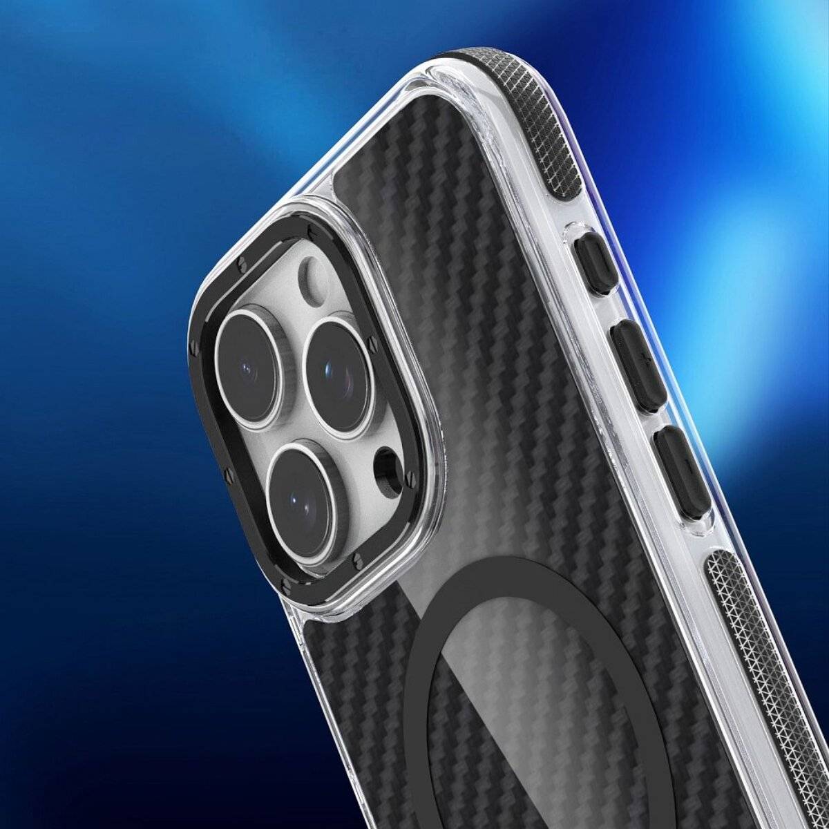 Ein Smartphone mit einem Gehäuse mit Kohlefaser-Textur wird vor einem blauen Farbverlauf-Hintergrund gezeigt und hebt das Kameradesign des Geräts hervor.