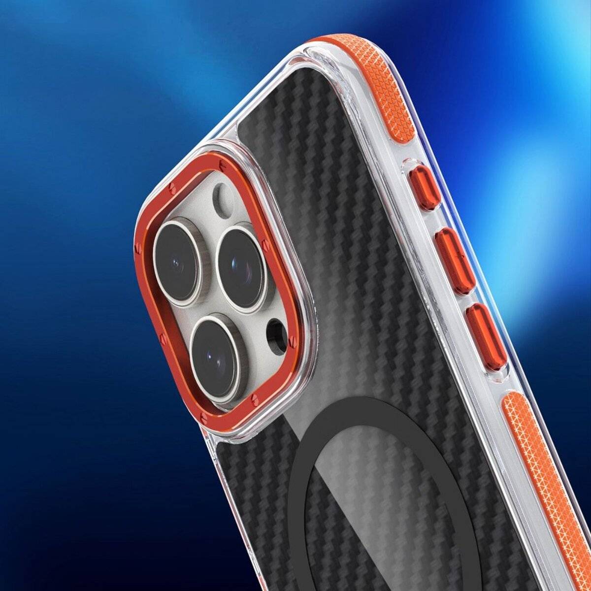 Ein Smartphone mit einem Gehäuse aus Kohlefaser mit orangefarbenen Akzenten, vor einem blauem Farbverlaufshintergrund präsentiert.
