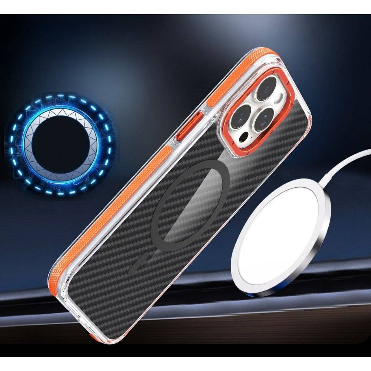 Ein transparentes Handyhülle mit Karbonfasermuster auf einem Smartphone dargestellt, das ein elegantes und schützendes Design betont.