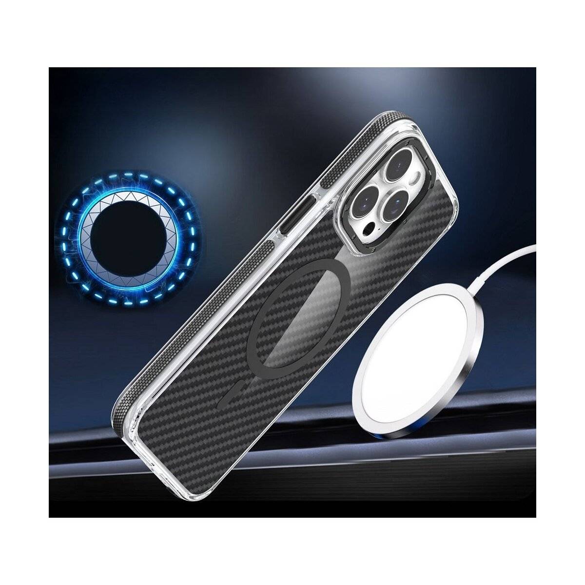 Ein Smartphone in einer Kohlefaser-Schutzhülle wird neben einem kabellosen Ladegerät präsentiert. Der Hintergrund ist dunkel mit einem leuchtenden blauen Ring.