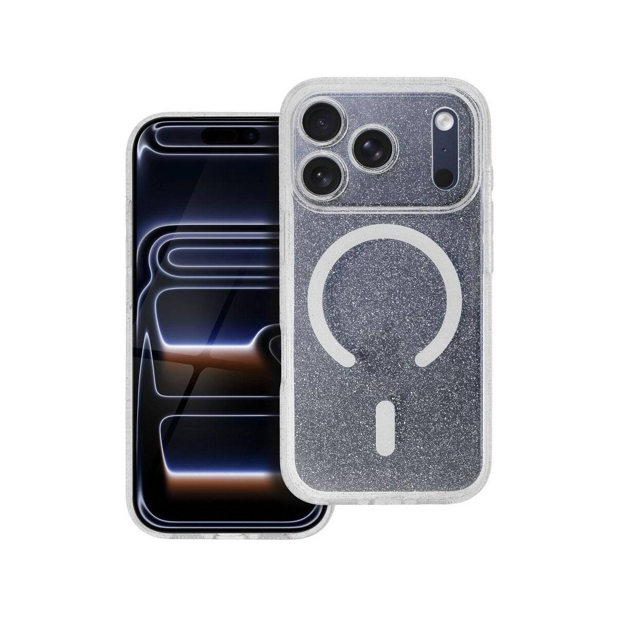Zwei Smartphones, eines mit einer glitzernden, transparenten Rückseite, die drei Kameras und ein Design zeigt, und das andere mit einem leuchtenden abstrakten Muster auf seinem Bildschirm.