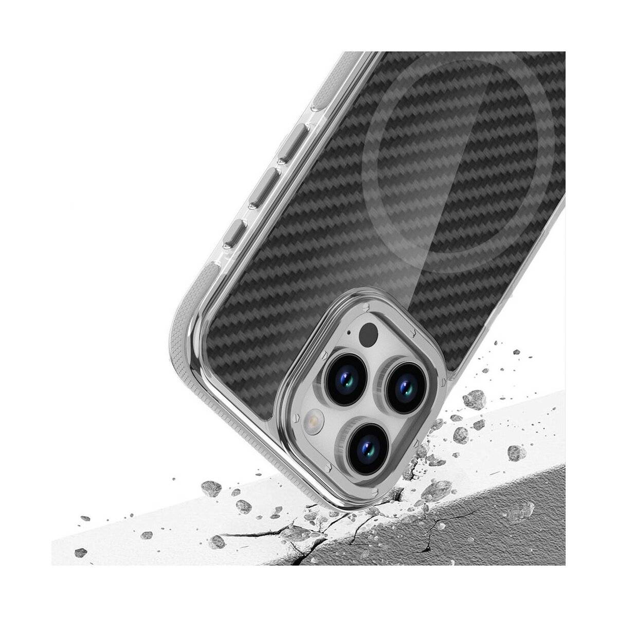 Ein Smartphone mit einem transparenten, Kohlefaser-gemusterten Gehäuse scheint Schlägen standzuhalten, wie durch herumfliegende Trümmer um es herum gezeigt wird.