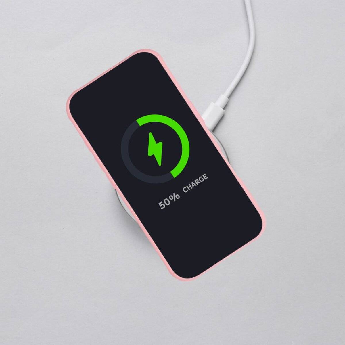 Ein transparantes Smartphone-Case mit einem dunkelblau minimalistischen Lupe-Icon-Design auf der Rückseite.