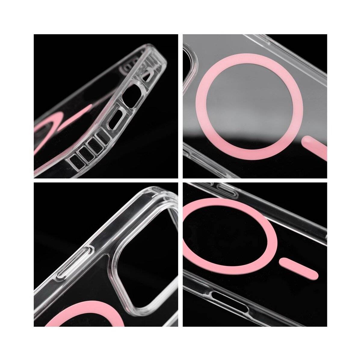 Durchsichtige Handyhülle mit rosa MagSafe-Ring, mit Kantenausschnitten und Knopfabdeckungen; entwickelt für iPhone-Kompatibilität und kabelloses Laden.