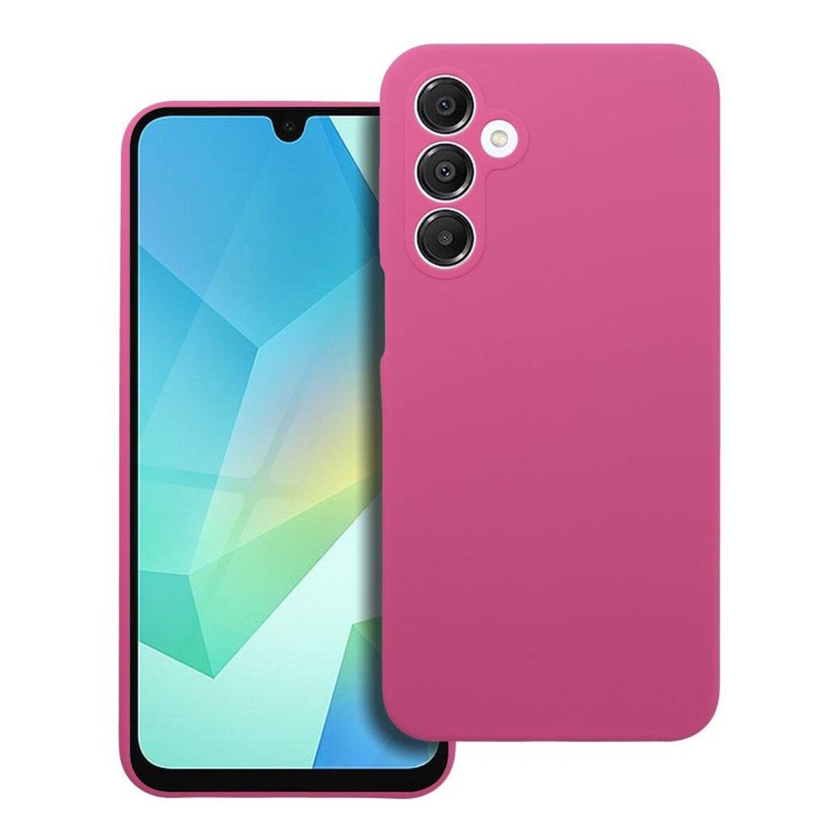 Smartphone mit einem rosa Gehäuse mit geometrischem Muster auf dem Bildschirm und drei rückwärtigen Kameras.
